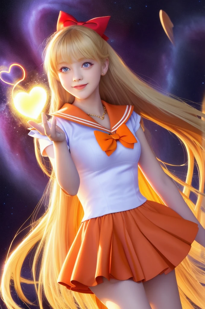 (masterpiece, Highest quality; 1.3), Very detailedCG, Very detailed, 1 girl, alone, smile, Looking at the audience, Stylish angle, Long blonde hair, blue eyes, sv1, Sailor suit, Orange Skirt, Elbow hand pockets, tiara, Orange sailor collar, Red Bow, Orange Necklace, White gloves, jewelry, Many Hearts, Face focus, Venus, tornado, Abstract background, Storm of the Heart, Stop beam, Heart Bubbles, Heart Bus, Stop Star, Heart Flower, Heart Lamp, The world of the heart, Heart Background, Galaxy Background, Heart Weapon, Heart Halo,