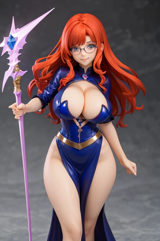 figure of a big breast witch, sweaty cleavage, redhead, sexy electric blue dress, Magical Ice Scepter, glasses, smile