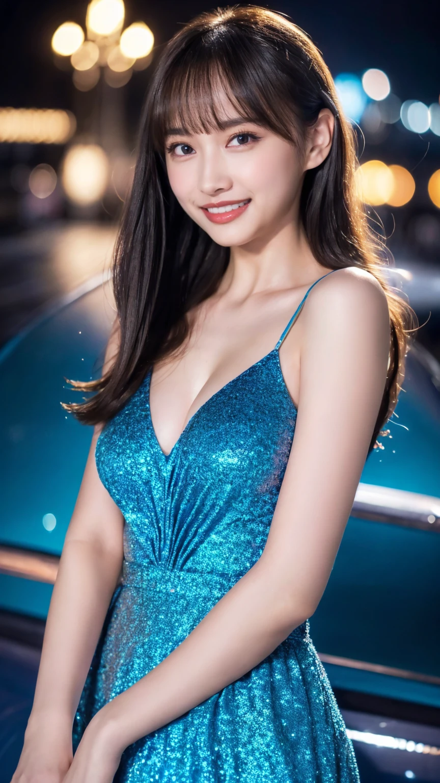 1girl,(wearing a blue glittery evening dress:1.2),(RAW photo, best quality), (realistic, photo-realistic:1.4), masterpiece, an extremely delicate and beautiful, extremely detailed, 2k wallpaper, Amazing, finely detail, extremely detailed CG unity 8k wallpaper, ultra-detailed, highres, soft light, beautiful detailed girl, extremely detailed eyes and face, beautiful detailed nose, beautiful detailed eyes,cinematic lighting,city lights at night,perfect anatomy,slender body,light smile,close up,(long hair with bangs), big breast