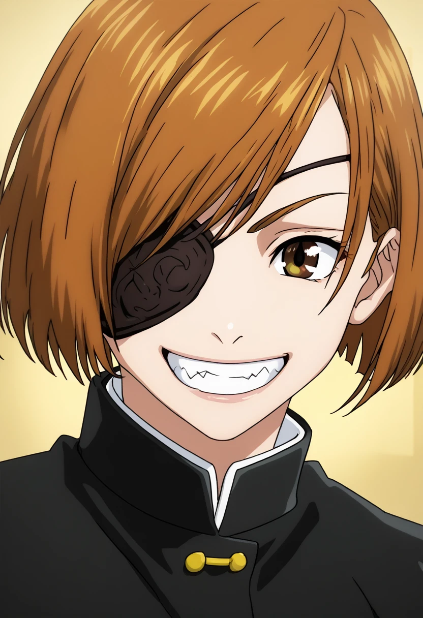 Two heads, conjoined, eye patch, Nobara, 1girl,solo,looking at viewer,smile,short hair,bangs,brown hair,brown eyes,,jacket,upper body,teeth,grin,swept bangs,portrait,gakuran,nail,kugisaki nobara 