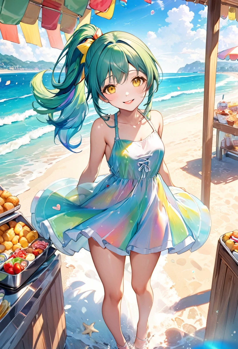 (full body, pov style), (solo:2, 15 yo, ponytail green blue hair long hair cute girl, cute yellow eyes, love smile, happy smile, glossy lip), (in a summer one piece dress), break, in the Beach food stalls, background Double Exposure beautiful ocean and beautiful rainbow, BREAK, perfect ???????, masterpiece, best quality, 16k, beautiful detailed love, sexy, daydreaming expression.