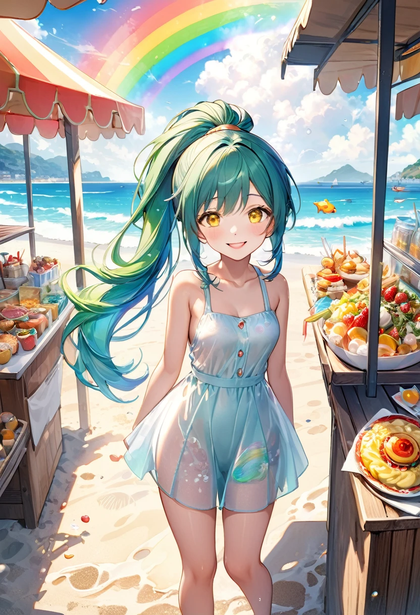 (full body, pov style), (solo:2, 15 yo, ponytail green blue hair long hair cute girl, cute yellow eyes, love smile, happy smile, glossy lip), (in a summer one piece dress), break, in the Beach food stalls, background Double Exposure beautiful ocean and beautiful rainbow, BREAK, perfect anatomy, masterpiece, best quality, 16k, beautiful detailed love, sexy, daydreaming expression.