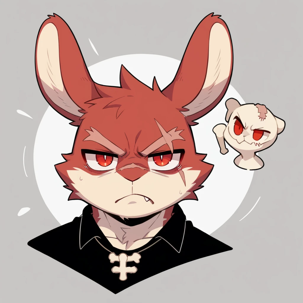 (Rabbit), anthropomorphic red rabbit, alone, (scar on left eye), (2-tone white and red fur), (neck), (perfect red eyes:1.4), （Artist:Takemoto Arashi）, twitch, mature face, older, clear facial details, Rough, intimidating, , side of character, long eyelashes, fang, serius , Black shirt,  Bone necklace, exposing chest, ((show upper body)), ((Bust)), Full Length Portrait, Tonalism, Head Out of Frame, Outer Border, Tachi-E, High Details