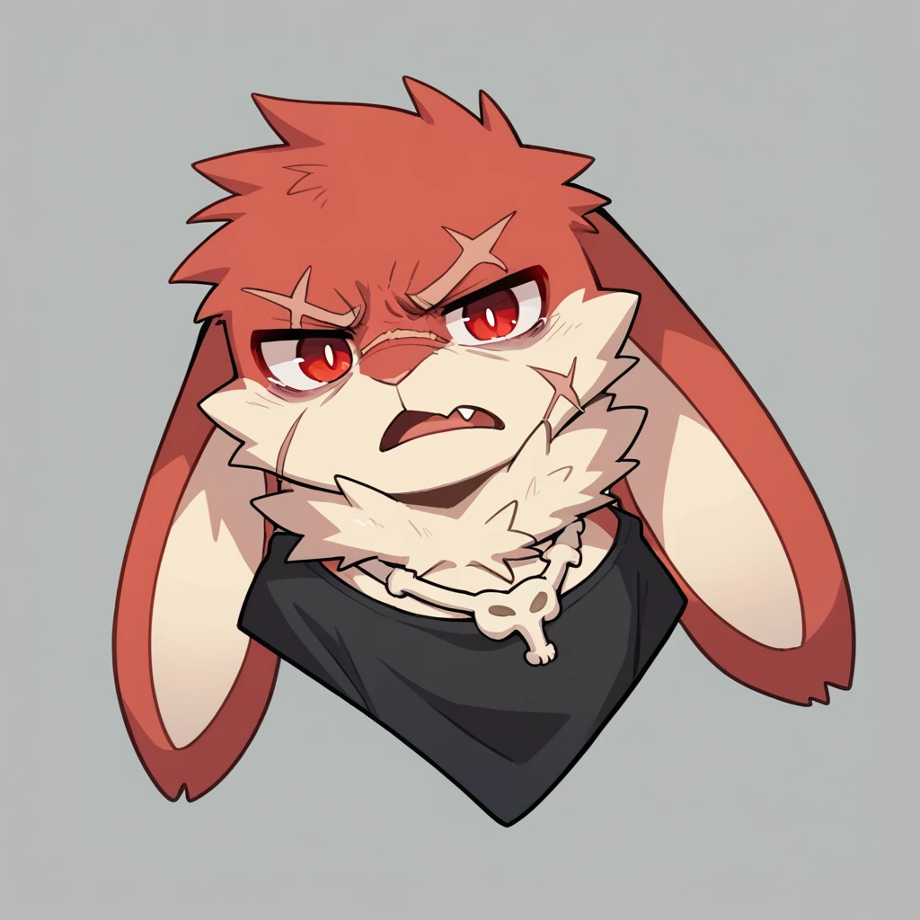 (Rabbit), anthropomorphic red rabbit, alone, (scar on left eye), (2-tone white and red fur), (neck), (perfect red eyes:1.4), (Artist:Takemoto Arashi), twitch, mature face, older, clear facial details, Rough, intimidating, , side of character, long eyelashes, fang, serius , Black shirt, Bone necklace, exposing chest, ((show upper body)), ((Bust)), Full Length Portrait, Tonalism, Head Out of Frame, Outer Border, Tachi-E, High Details