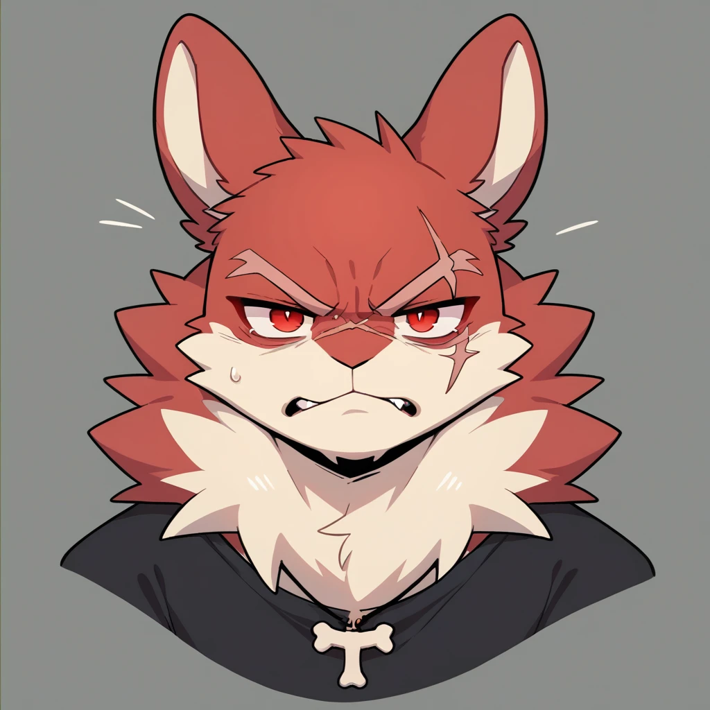 (Rabbit), anthropomorphic red rabbit, alone, (scar on left eye), (2-tone white and red fur), (neck), (perfect red eyes:1.4), (Artist:Takemoto Arashi), twitch, mature face, older, clear facial details, Rough, intimidating, , side of character, long eyelashes, fang, serius , Black shirt, Bone necklace, exposing chest, ((show upper body)), ((Bust)), Full Length Portrait, Tonalism, Head Out of Frame, Outer Border, Tachi-E, High Details