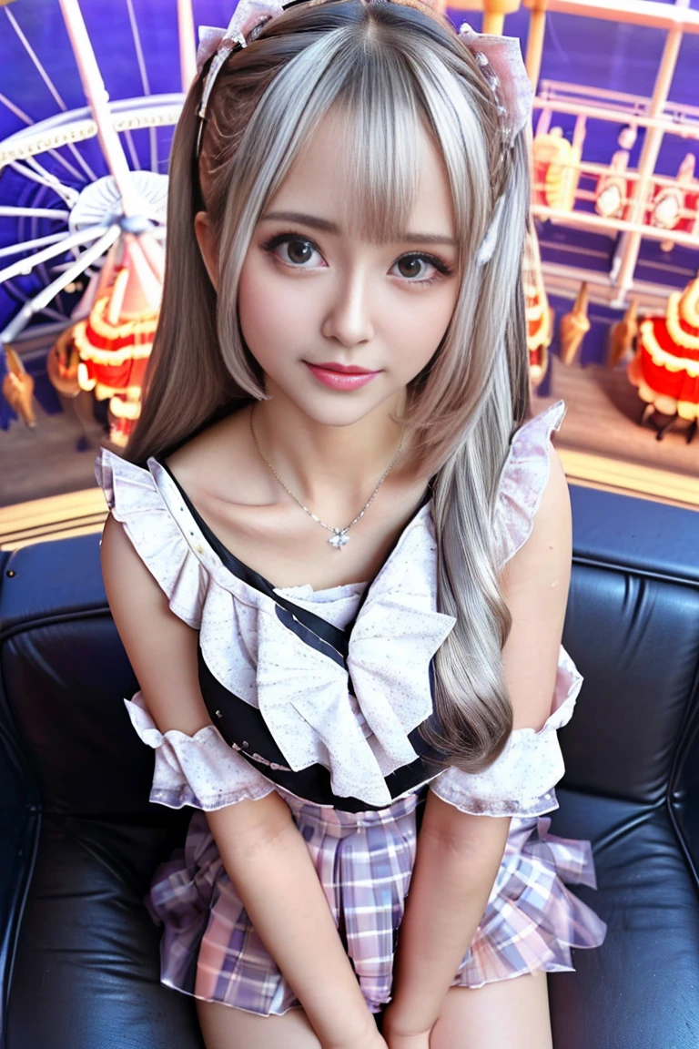 (ultra-detailliert), Frontal Face,head shot, Front view,Cute princess dress in white color,(frilly dress),(shortsleeves),Blue eyes,The upper part of the body、cowboy  shot、faces、(A smile:1.5),(facing front:1.2), 20yr old, teens girl,no tail,(no tail),2D, ​masterpiece, top-quality, animesque, A detailed eye, A detailed face, girl with, Only 1 person,Silver-haired medium hair, (silber hair),  Ear Hair, small tits, Single braid, (Single braid), (Side braid), Pink ribbon, Ribbon around the neck, (White sleeves), Standing in the middle of the road