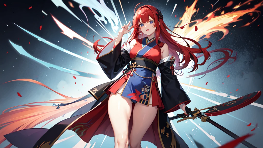 1 girl, Japanese clothing, hypdertailed ,Red hair, red and blue eyes, magic circle, fire blue, Blue flames, wall-paper, paisaje, bloodstains, bloodstains splatter, Depth of field, natta, light particles, lightrays, side lighting, holding an epée, thicc thighs, Destiny \(Series\), impacto genshin, ****, open jacket, overskirt, thicc thighs, nube