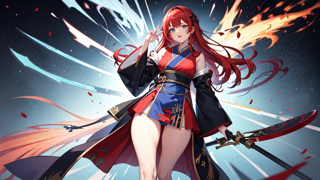 1 girl, Japanese clothing, hypdertailed ,Red hair, red and blue eyes, magic circle, fire blue, Blue flames, wall-paper, paisaje, bloodstains, bloodstains splatter, Depth of field, natta, light particles, lightrays, side lighting, holding an epée, thicc thighs, Destiny \(Series\), impacto genshin, ****, open jacket, overskirt, thicc thighs, nube
