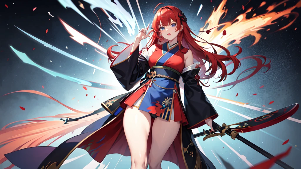 1 girl, Japanese clothing, hypdertailed ,Red hair, red and blue eyes, magic circle, fire blue, Blue flames, wall-paper, paisaje, bloodstains, bloodstains splatter, Depth of field, natta, light particles, lightrays, side lighting, holding an epée, thicc thighs, Destiny \(Series\), impacto genshin, ****, open jacket, overskirt, thicc thighs, nube