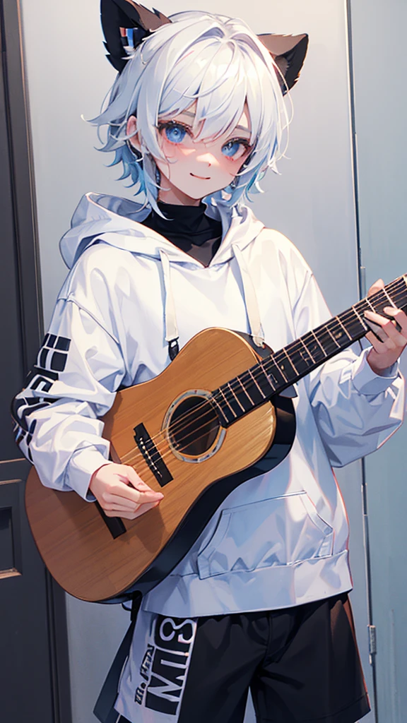 Femboy, cute boy in white hoodie, black short pants, guitar, happy, bandaid on side cheeks, cheerful, ^_^, sfw