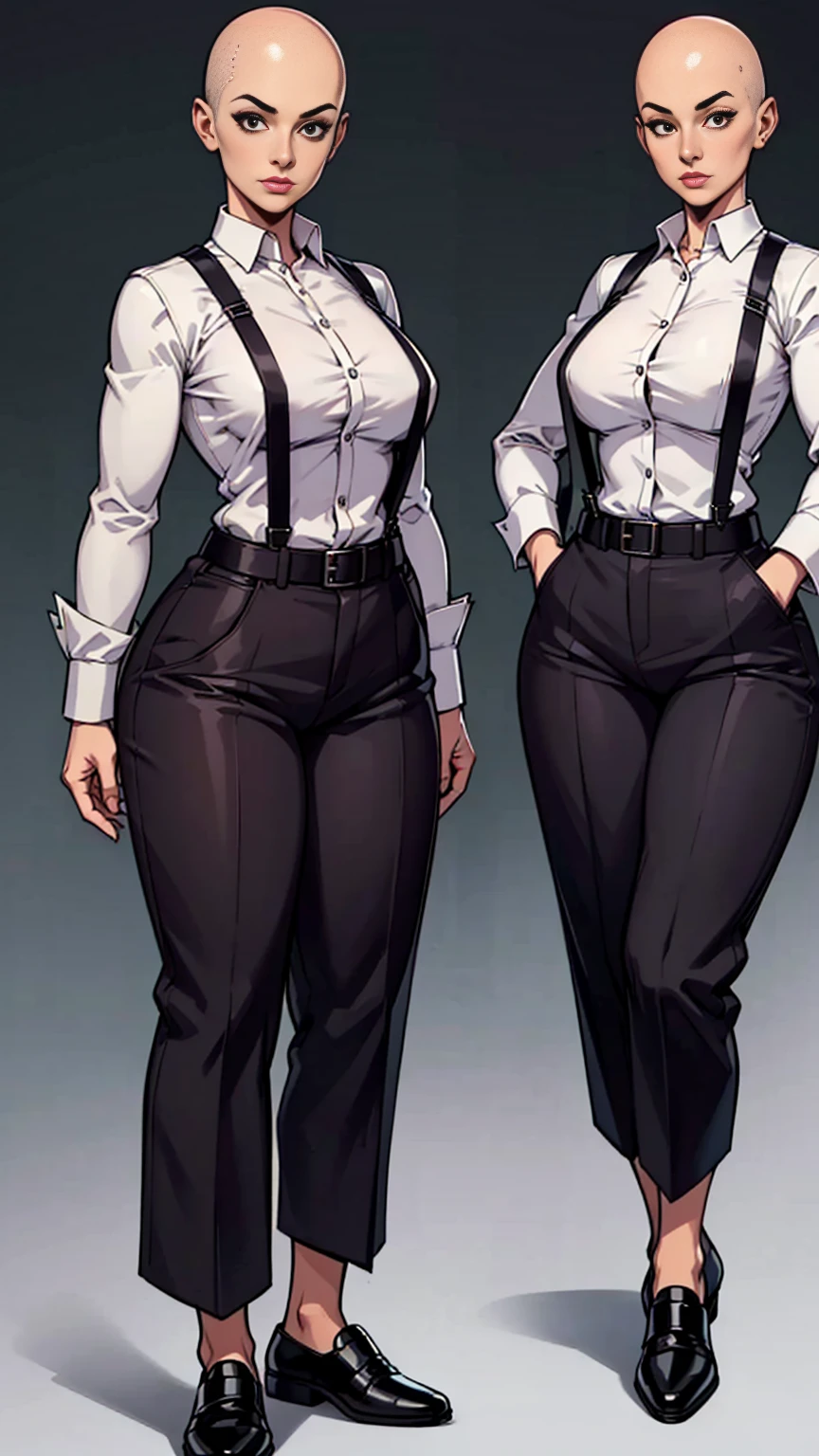 igital art, highly detailed, reference sheet, standing pose, feminine features, mature woman, adult female, whole body, bald, form-fitting, business outfit, long coat, cropped shirt, suspenders, belt, baggy pants, shoes 1woman, solo, upper body, lower body, ((Extremely Detailed)), ((Best Quality)), ((Masterpiece)), ((4k)).