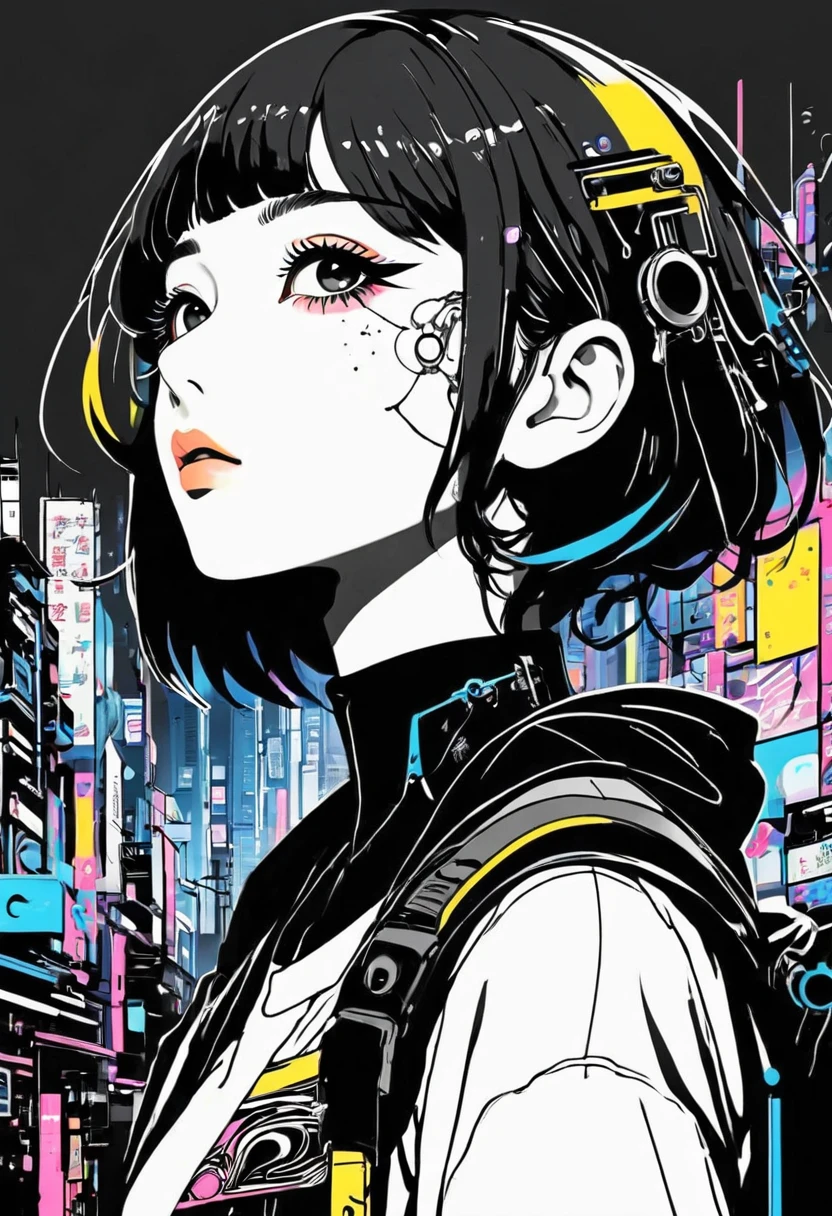 Montage Art Creation。Minimalism,ink,anime Line Art, A girl, Kawaii, Cyberpunk, ink paint Line Art, Vector Art, Thick Line, Technical drawings, (Line Art:1.4), Minimalism者, masterpiece, black and white,
