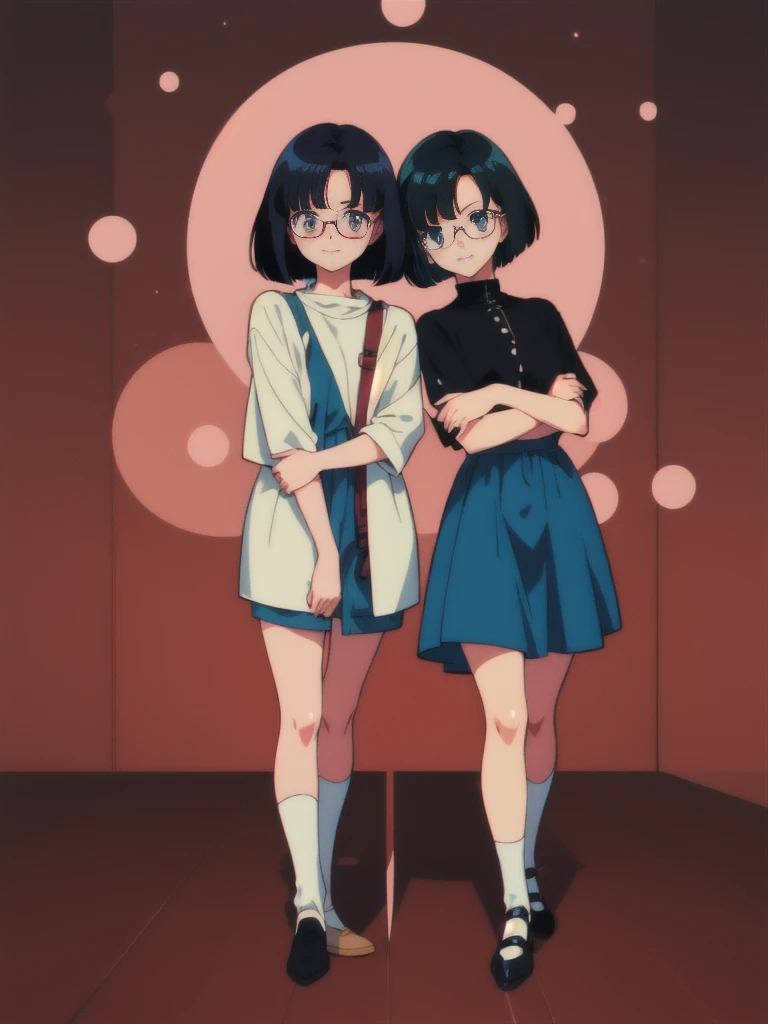 bob cut, black hair, rimless eyewear, mole under eye, solid circle eyes, (full body), 2girl, Embarrassed, 80s anime, sharp