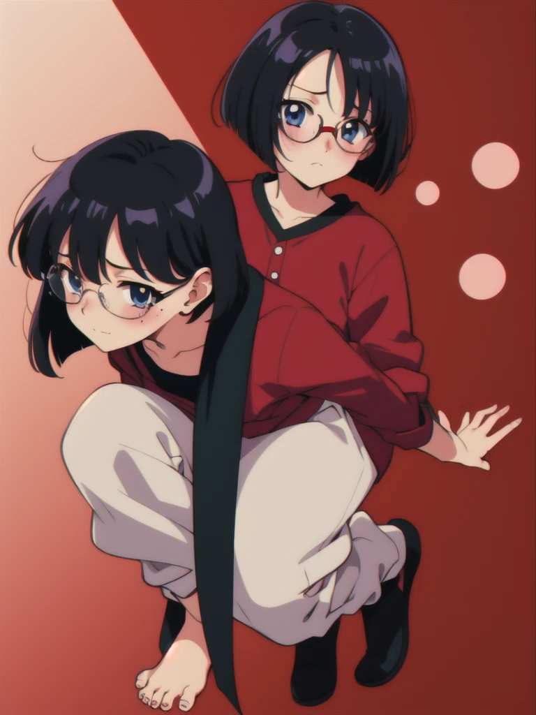 bob cut, black hair, rimless eyewear, mole under eye, solid circle eyes, (full body), 2girl, Embarrassed, 80s anime, sharp