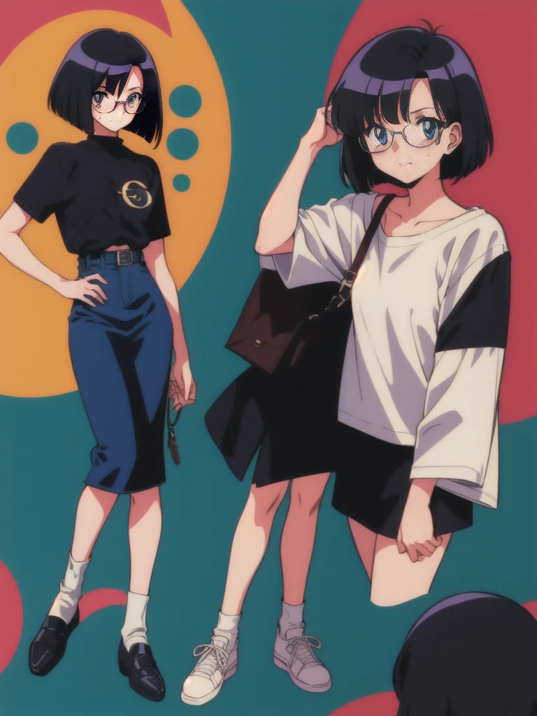 bob cut, black hair, rimless eyewear, mole under eye, solid circle eyes, (full body), 2girl, Embarrassed, 80s anime, sharp