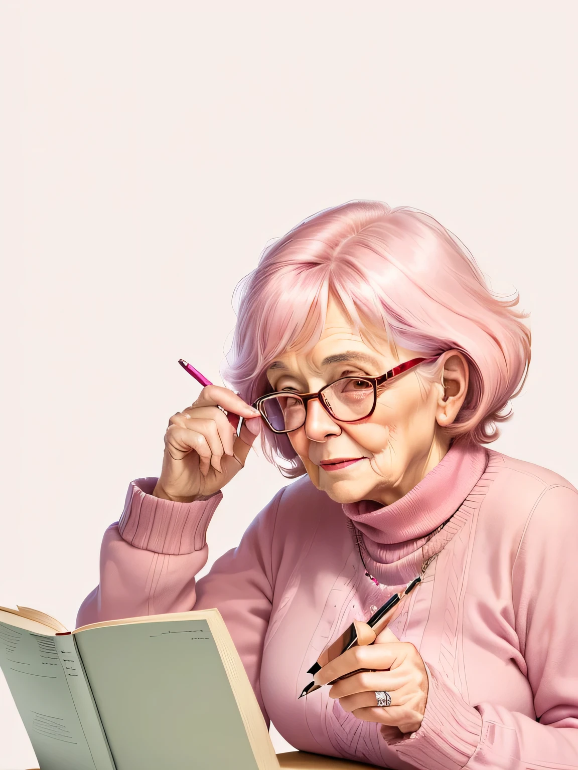 One wears glasses、Cartoon illustration of old woman in pink sweater using notebook, Woman wearing rose-colored glasses, author:Hugh Hughes, author:Hazel Armour, Wearing red tinted glasses, author:Hamish MacDonald, old lady, Digital drawing, By Jacka Kemp, grandmother, Older women, Rosalie Emsley, an old lady, author:Joan Brown, author:Pamela Drew