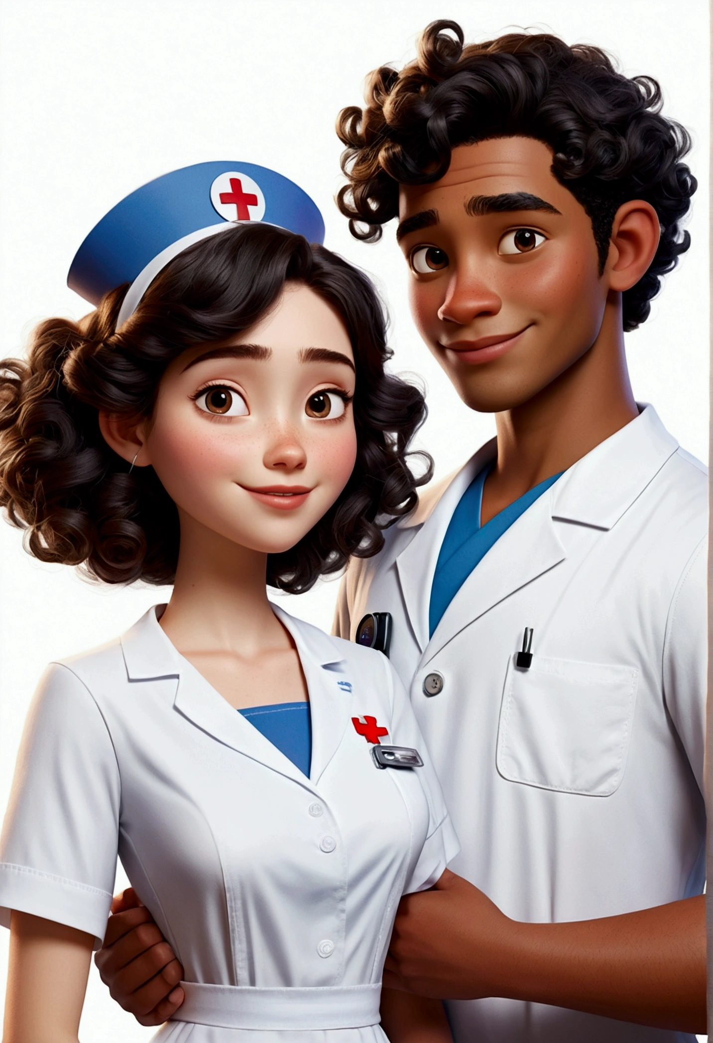 a couple of disney pixar style nurses, high quality, nurse with long brown hair and white uniform (((Short curly black hair boy in blue uniform )) Disney Pixar