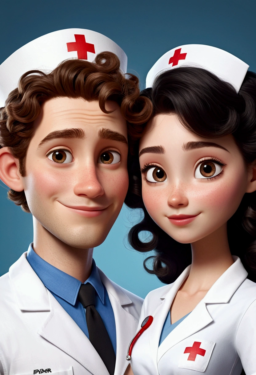 A Disney Pixar style couple, high quality, female nurse with light brown hair and white skin (curly black hair boy)