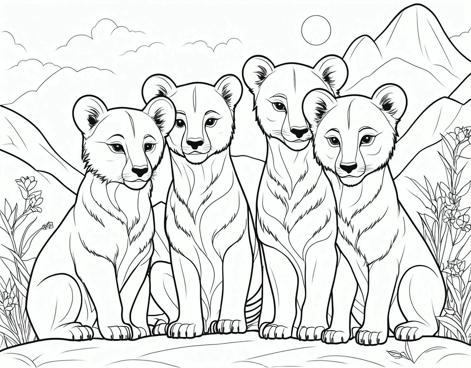 A printable black and white coloring page featuring cubs, clean very simple line art, The line is quite simplified.