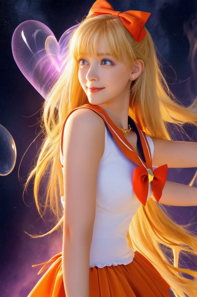 (masterpiece, Highest quality; 1.3), Very detailedCG, Very detailed, 1 girl, alone, smile, Looking at the audience, Stylish angle, Long blonde hair, blue eyes, sv1, Sailor suit, Orange Skirt, Elbow hand pockets, tiara, Orange sailor collar, Red Bow, Orange Necklace, White gloves, jewelry, Many Hearts, Face focus, Venus, tornado, Abstract background, Storm of the Heart, Stop beam, Heart Bubbles, Heart Bus, Stop Star, Heart Flower, Heart Lamp, The world of the heart, Heart Background, Galaxy Background, Heart Weapon, Heart Halo,