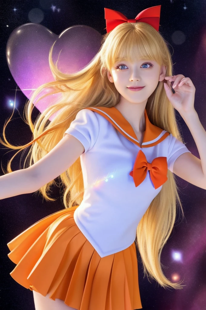 (masterpiece, Highest quality; 1.3), Very detailedCG, Very detailed, 1 girl, alone, smile, Looking at the audience, Stylish angle, Long blonde hair, blue eyes, sv1, Sailor suit, Orange Skirt, Elbow hand pockets, tiara, Orange sailor collar, Red Bow, Orange Necklace, White gloves, jewelry, Many Hearts, Face focus, Venus, tornado, Abstract background, Storm of the Heart, Stop beam, Heart Bubbles, Heart Bus, Stop Star, Heart Flower, Heart Lamp, The world of the heart, Heart Background, Galaxy Background, Heart Weapon, Heart Halo,
