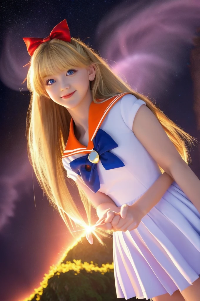 (masterpiece, Highest quality; 1.3), Very detailedCG, Very detailed, 1 girl, alone, smile, Looking at the audience, Stylish angle, Long blonde hair, blue eyes, sv1, Sailor suit, Orange Skirt, Elbow hand pockets, tiara, Orange sailor collar, Red Bow, Orange Necklace, White gloves, jewelry, Many Hearts, Face focus, Venus, tornado, Abstract background, Storm of the Heart, Stop beam, Heart Bubbles, Heart Bus, Stop Star, Heart Flower, Heart Lamp, The world of the heart, Heart Background, Galaxy Background, Heart Weapon, Heart Halo,