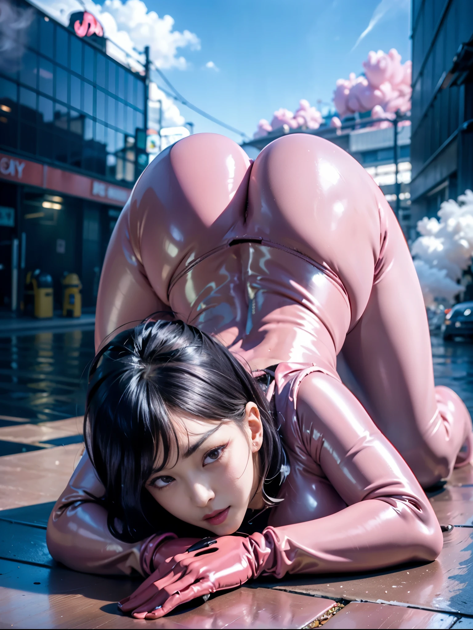 in 8K、超A high resolution、Best Quality、masutepiece (huge-breasted、Toned body:1.2)((glossy pink、Tight enamel rubber suit、Enamel pants:1.4))(New York's Buildings、Smoke from manholes:1.5) (long straight beautiful black hair:1.4)(embarassed expression、big eye、Distinct double eyelids、Lashes:1.3)(gazing at viewer、Highlights in the eyes、Light brown eyes、Pinclip Gloss)piercings、pin heels、(stick out buttocks、bending forward:1.1)