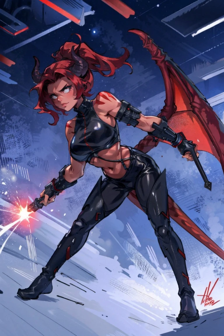 Red skin succubus tiefling, digitigrade legs, full breasts, huge breasts, black horns, wings, huge tail, black leather, crop top, long flowing pelvic curtain, tall, athletic, graceful, thin, long black ponytail. Action scene, whip. Dark scene, explosions, night sky.