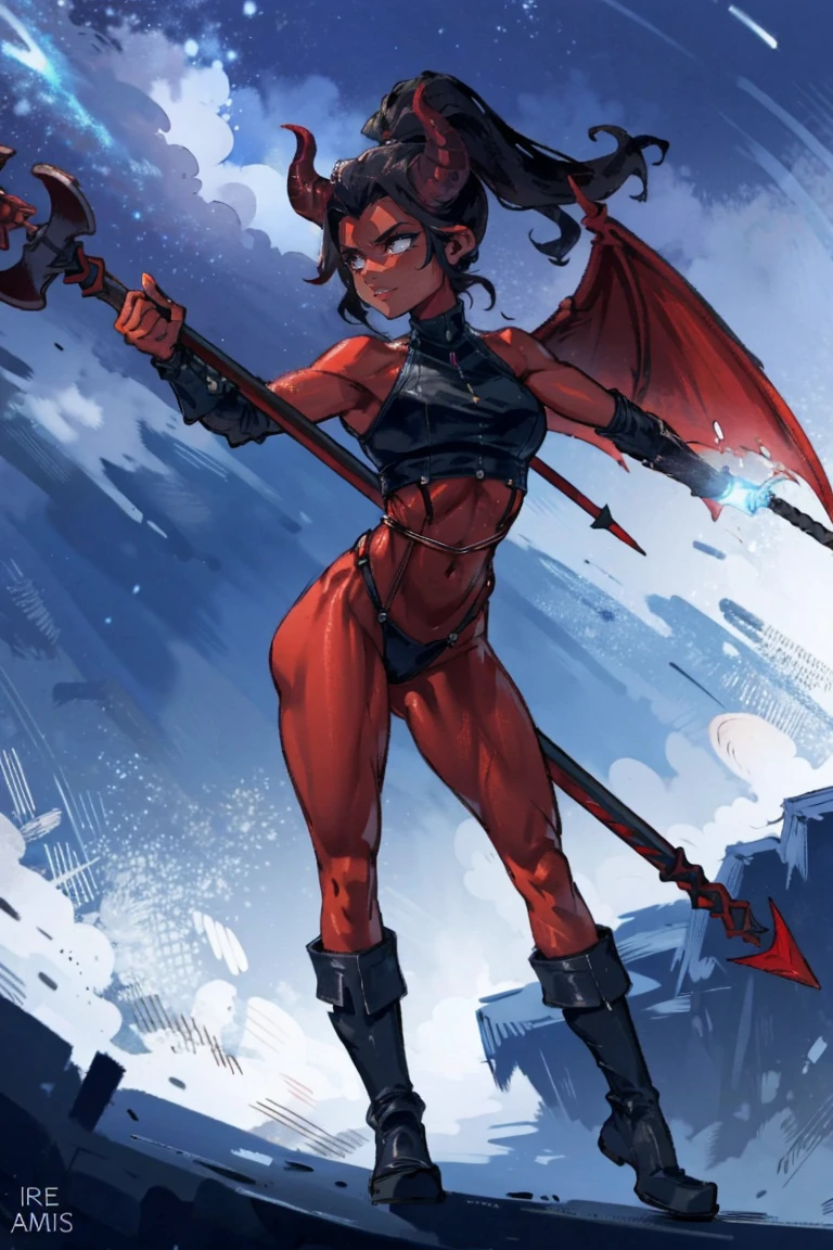 Red skin succubus tiefling, digitigrade legs, full breasts, huge breasts, black horns, wings, huge tail, black leather, crop top, long flowing pelvic curtain, tall, athletic, graceful, thin, long black ponytail. Action scene, whip. Dark scene, explosions, night sky.