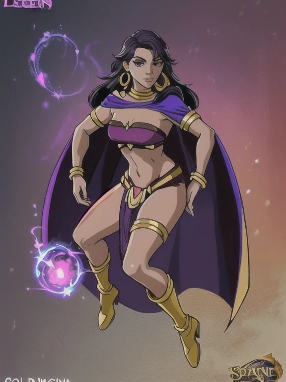 League of Legends character, Sorceress, 28 years old, dark skin, dark skinned female, long purple hair, purple eyes, purple lips, purple eyeliner, covered in tattoos, medium breasts, both hands glowing bright purple, purple magic, bright purple sparks in both hands, (Wearing: golden hooped earrings, purple strapless top, loincloth, purple cape, golden armlets, golden boots:1.2). Whole body, Casual pose, Beautiful pose, (Extremely detailed CG 8k wallpaper), (Extremely delicate and beautiful), (Masterpiece), (Best quality: 1.0), (Ultra-high resolution: 1.0), Beautiful lighting, Perfect lighting, Realistic shadows, [high resolution], Detailed skin, Super detailed (((Colorful))), Digital art, League of Legends concept art, full body concept art, Expert concept art with high detail, concept-art, rpg game concept art, concept-art, Vonka Xu style, Video game concept art, 4K, full body portrait