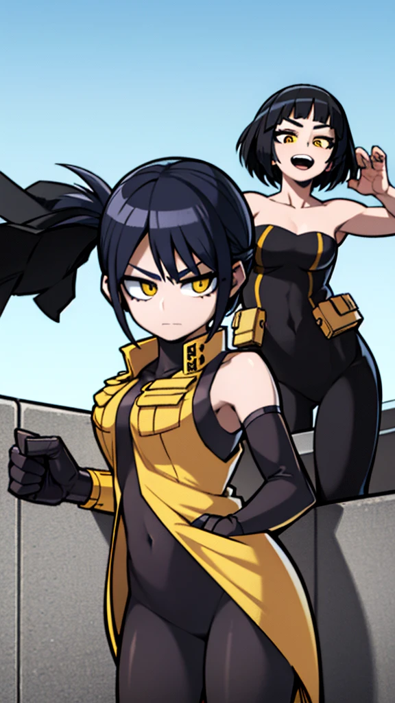 scent, Woman, short black hair, yellow eyes, perfect body, very beautiful, Boku no hero academy, Military style hero