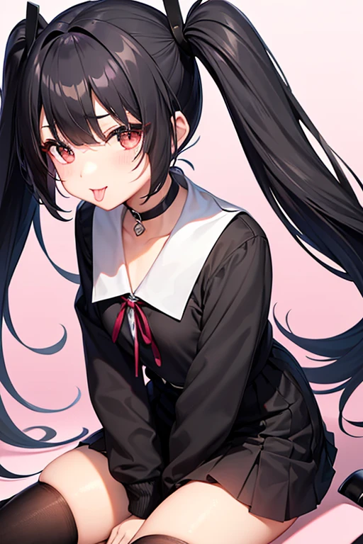 Twin tails、Black Hair、Slanted Eyes、Round eyes、pretty girl、Spoiled brat、Little devil、uniform、Thin chest、Tongue out、Crossing your legs