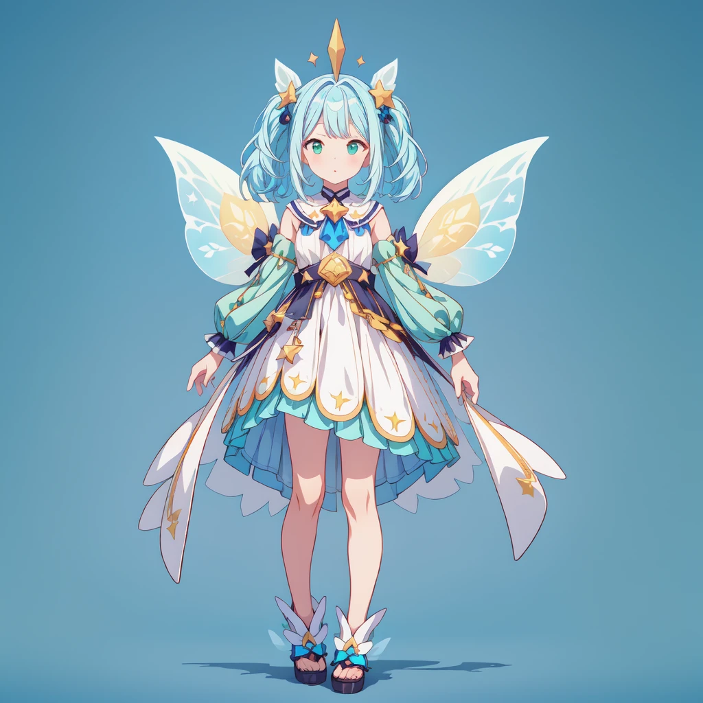 1girginal cute hairstyle、Star Fairy、Star incarnation、Character design front view、A picture facing the viewer、(((Super detailed、Highest quality、Masterpiece)))、Original cute hairstyle、Milky white and blue hair color、Simple Green Background、vtuber-fullbody,K, 