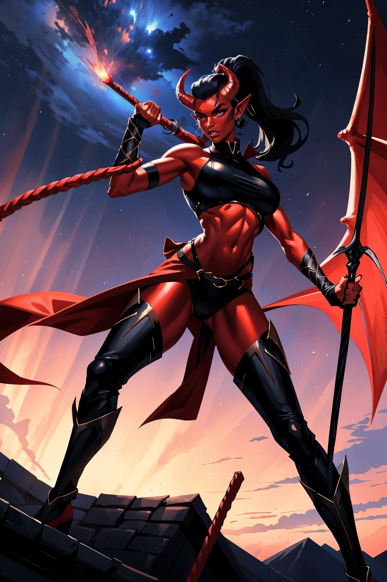 Red skin succubus tiefling, digitigrade legs, full breasts, huge breasts, black horns, wings, huge tail, black leather, crop top, long flowing pelvic curtain, tall, athletic, graceful, thin, long black ponytail. Action scene, whip. Dark scene, explosions, night sky.