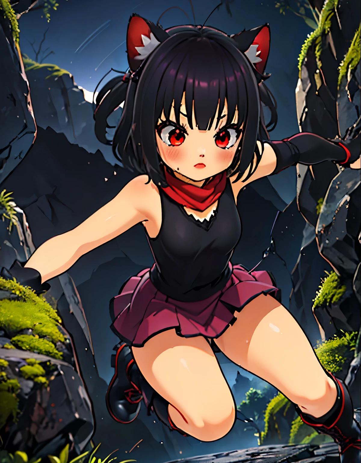 (Best Quality,4k,High resolution),(realist:1.37),(dark,moody:0.9),(intense,High contrast:1.1),(dramatic lighting,Gloomy and mysterious atmosphere),sunrise \(junkotvv\), cap, wide, black fur, red eyes, cat ears, black sleeveless shirt, pink scarf, pink skirt, pink boots, white panties, body shape, chubby thighs, thick thigh,(Beautiful detailed eyes,long eyelashes:1.1),(disgusting,clothes tearing),(sweat,Strong breathing),(shaking body),(urgent,panicking),(desperate escape),(Damp walls,rough texture),(massive rock:1.2),(colorful fragments,flying in the air),(danger,DISASTER:1.1),(Caught,Closed space),(fear,terror),(sinister presence),(resonant sound),(heartbeat),(Motion blur effect),(narrow passage,limited visibility),(strain,suspended:1.1),(drenched in darkness),(dynamic composition),(determined expression),(Uneven terrain),(Moss Covered Rocks),(fearful gaze),(Disturbing silence),(adventure,suspended),(sudden tilt,Angled perspective),(creeping in the shadows),(intense action),(arduous escape),(Precise illumination),(subtle touch of hope),(Adrenaline Rush),(Chase scene),(glimpse of light at the end),(weak echoes),(emerging from darkness),(sudden relief),(strength,Agility),(Quick Reflexes),(pulsating energy),(cave exploration),(skillful dodge),(flashing light),(intense chase),(breathtaking strain)