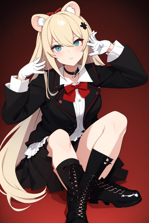 She has long, voluminous, light blonde hair styled into two large pigtails with wavy curls that are often adorned with hair accessories, such as a white bear and a black bear hair clip. Her eyes are a vivid, piercing blue.
Junko typically wears a that has been modified to reflect her eccentric personality. The uniform includes a white-collared black blouse with a red bow tie, a black jacket with white cuffs and a white collar, and a short, red-and-black plaid skirt. She also wears knee-high black boots and occasionally accessorizes with various other items, like chokers or gloves. Her overall look combines elements of traditional attire with a punk, rebellious edge.