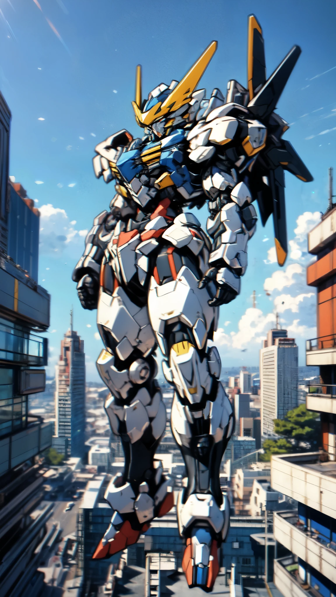 (masterpiece:1.5, best quality:1.5, extremely delicate:1.5), humanoid Mecha, fully enclosed shoulder guards, matching arm and leg guards, full body, full armor, the design balances heavy with agility, (the color scheme is primarily white with red and blue accents, the concept Inspired by Super robot, organic biotech armor, standing, floating high above the futuristic sci-fi city), exquisite and mature art style, (aura effect, energy, glowing eyes, the armor glows), ((SRS)), metallic, dramatic, high definition, highres, ultra-detailed, ultra-fine painting, professional, perfect body proportions, anatomically correct, symmetrical face, extremely detailed eyes and face, high quality eyes, creativity, RAW photo, UHD, 32k, Natural light, cinematic lighting, masterpiece-anatomy-perfect