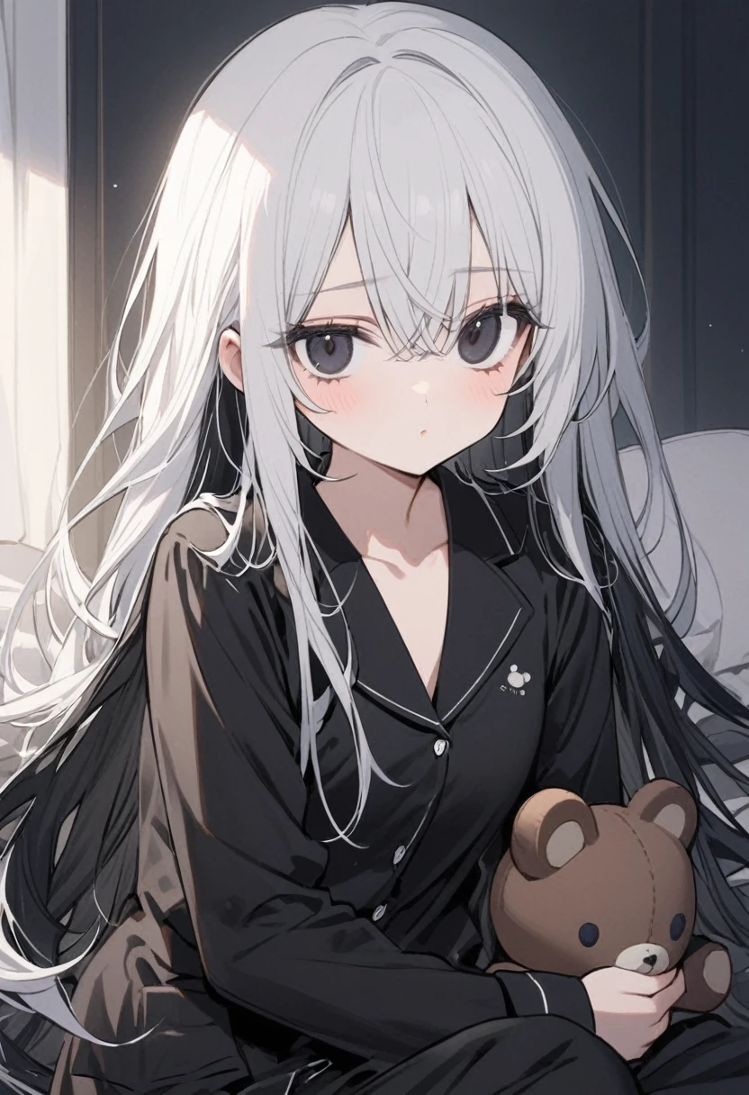 Girl, long hair, White hair ,black (((inner hair))), black eyes, black pajamas, black eyes, bear doll
