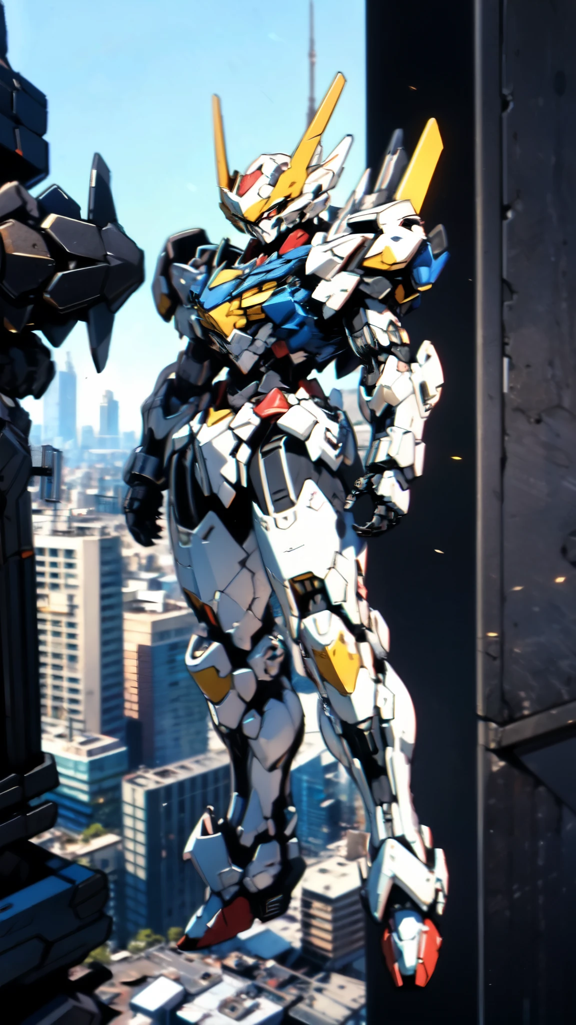 (masterpiece:1.5, best quality:1.5, extremely delicate:1.5), humanoid Mecha, fully enclosed shoulder guards, matching arm and leg guards, full body, full armor, the design balances heavy with agility, (the color scheme is primarily white with red and blue accents, the concept Inspired by Super robot, organic biotech armor, standing, floating high above the futuristic sci-fi city), exquisite and mature art style, (aura effect, energy, glowing eyes, the armor glows), ((SRS)), metallic, dramatic, high definition, highres, ultra-detailed, ultra-fine painting, professional, perfect body proportions, anatomically correct, symmetrical face, extremely detailed eyes and face, high quality eyes, creativity, RAW photo, UHD, 32k, Natural light, cinematic lighting, masterpiece-anatomy-perfect