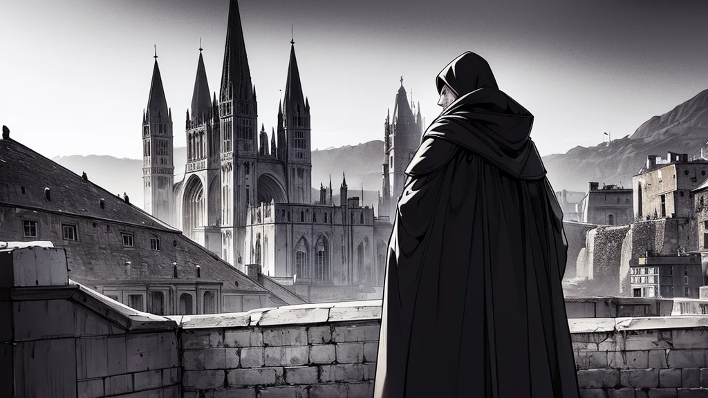 man, adult, average height, backwards, coat and hood, looking at an ancient city from the medieval age as night falls.