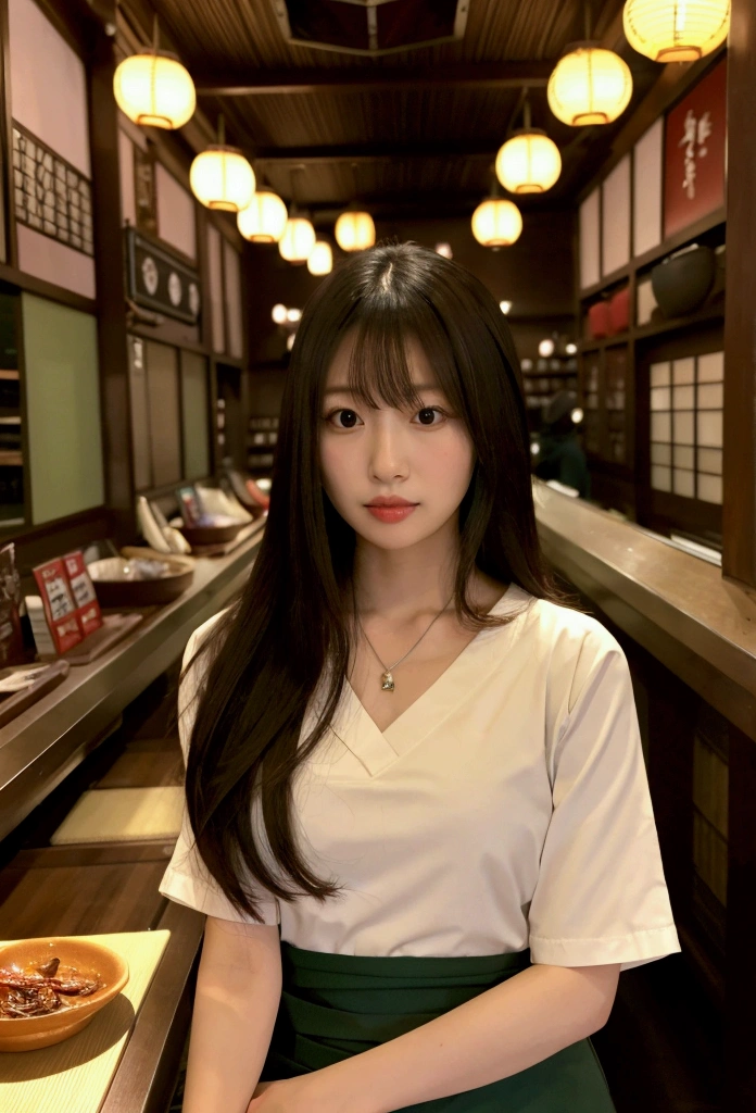 (((Inside an Izakaya at night))), (((The store is crowded))), There are small plates of salad and pasta on the table., Japanese women, Airi Suzumura, 31 years old, 31 years oldの肌, Blood type A, necklace, Height: 152cm, Bust size is 85cm, Her bust is a D cup, The waist size is 57cm, Hip size is 85cm, necklace, (Short sleeve V-neck shirt), (V-neck shirts are stylish for dates)