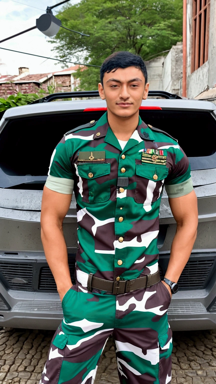 Handsome man wearing military uniform Unbuttoning his shirt, revealing his muscular chest. Showing your genitals to boys to lick.