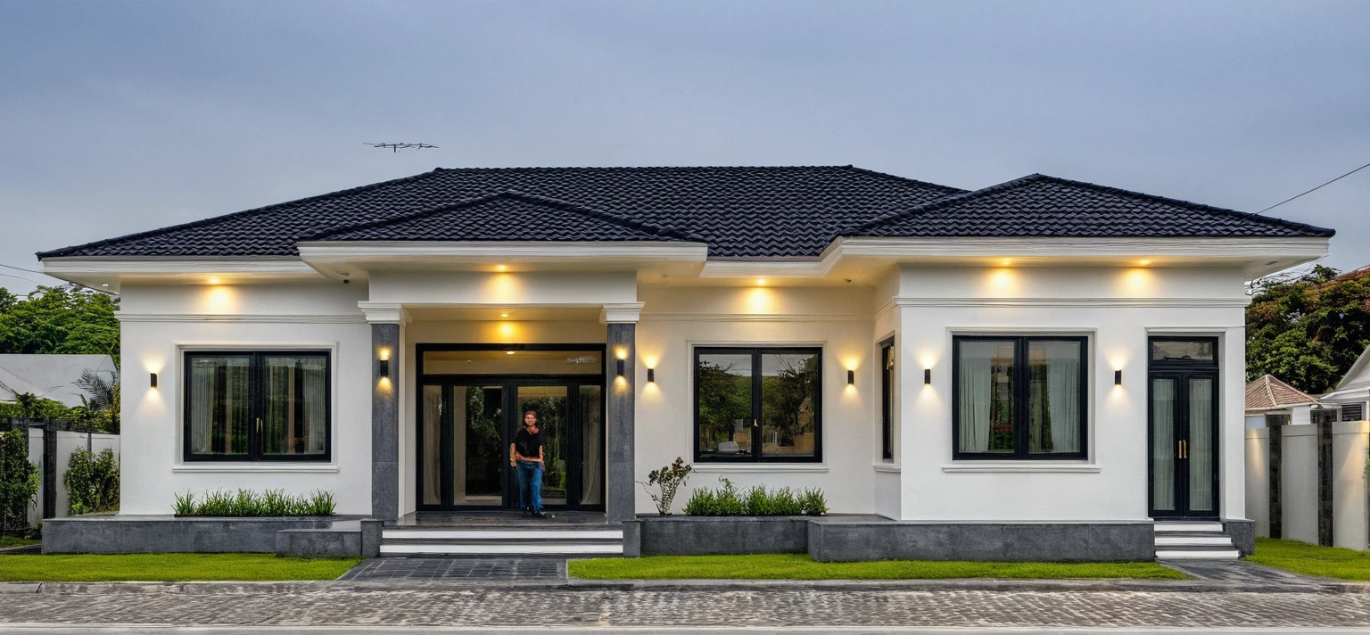 (masterpiece:1.2), best quality, photo of A two-story modern house in VietNam with white walls and dark tiles on the roof., tree and plant environment,daylight, streetcapes, natural light, vivid color, The exterior of an elegant single family home features large windows, a dark gray door frame.
