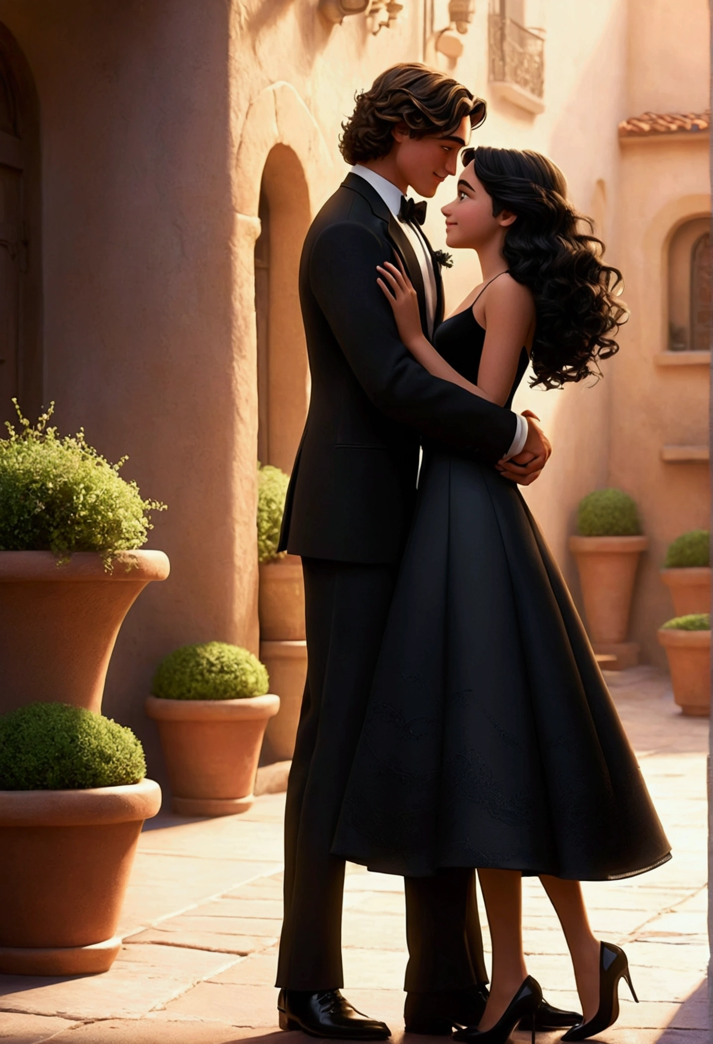 Disney pixar images I want a 20-year-old boy with black, wavy hair and black formal clothing, height 1.67 hugged with a 22-year-old girl with wavy black hair wearing a black dress and in heels and height 1.55 