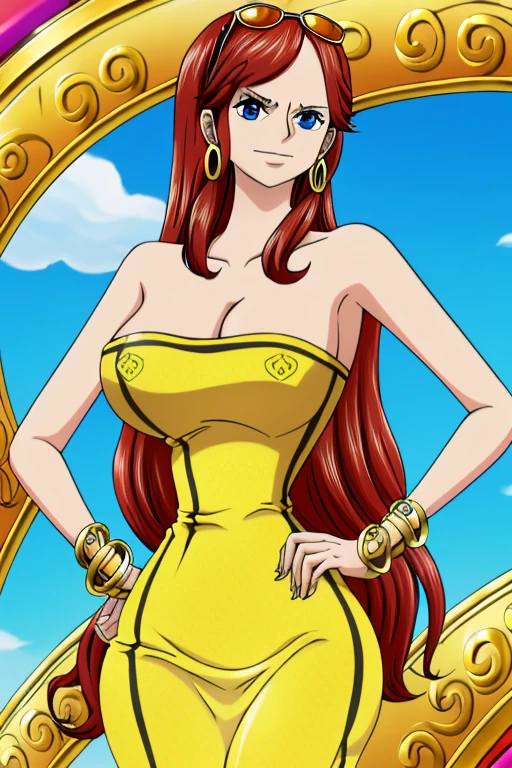  brown with blue eyes, long hair, straight bangs red hair, serious face, Slim waist wide hips, big ass and medium breast, realistic body, strapless red dress fitted with a striking body, gold hoop earring, Golden bracelet, and colorful mango-style gold bracelet, good quality 