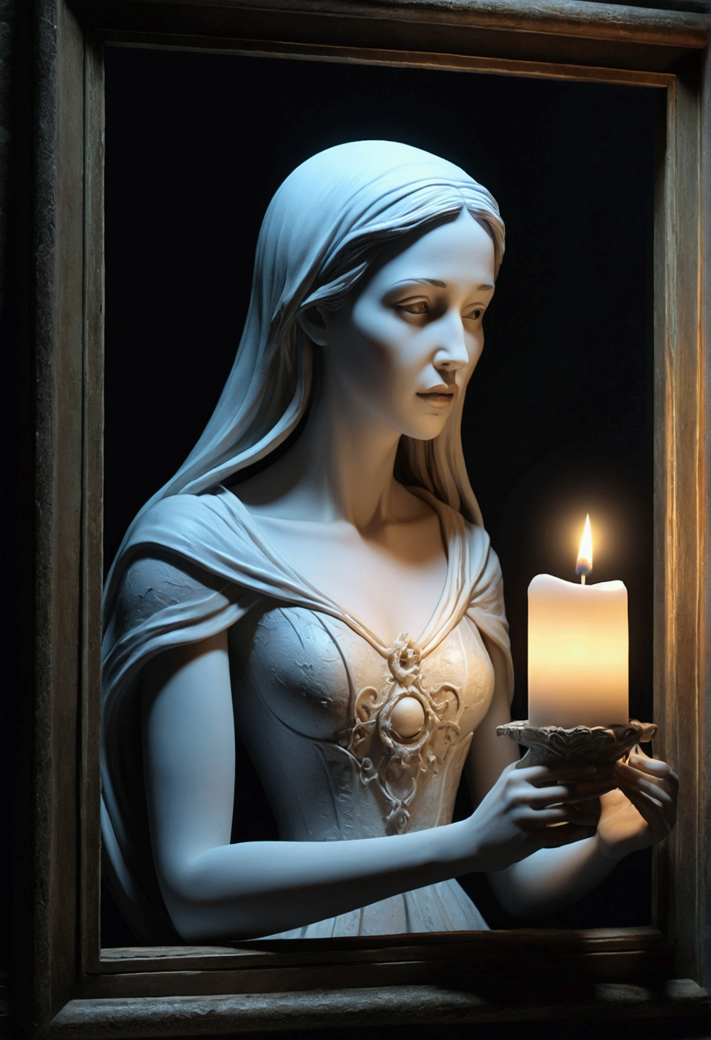 3D model of a woman holding a candle in a frame, a surrealist sculpture, New Sculpture, The ghost came out of the mirror, Haunted House, Dark atmosphere,moonlight, moon, close up, Practical, Very detailed, complex,front
