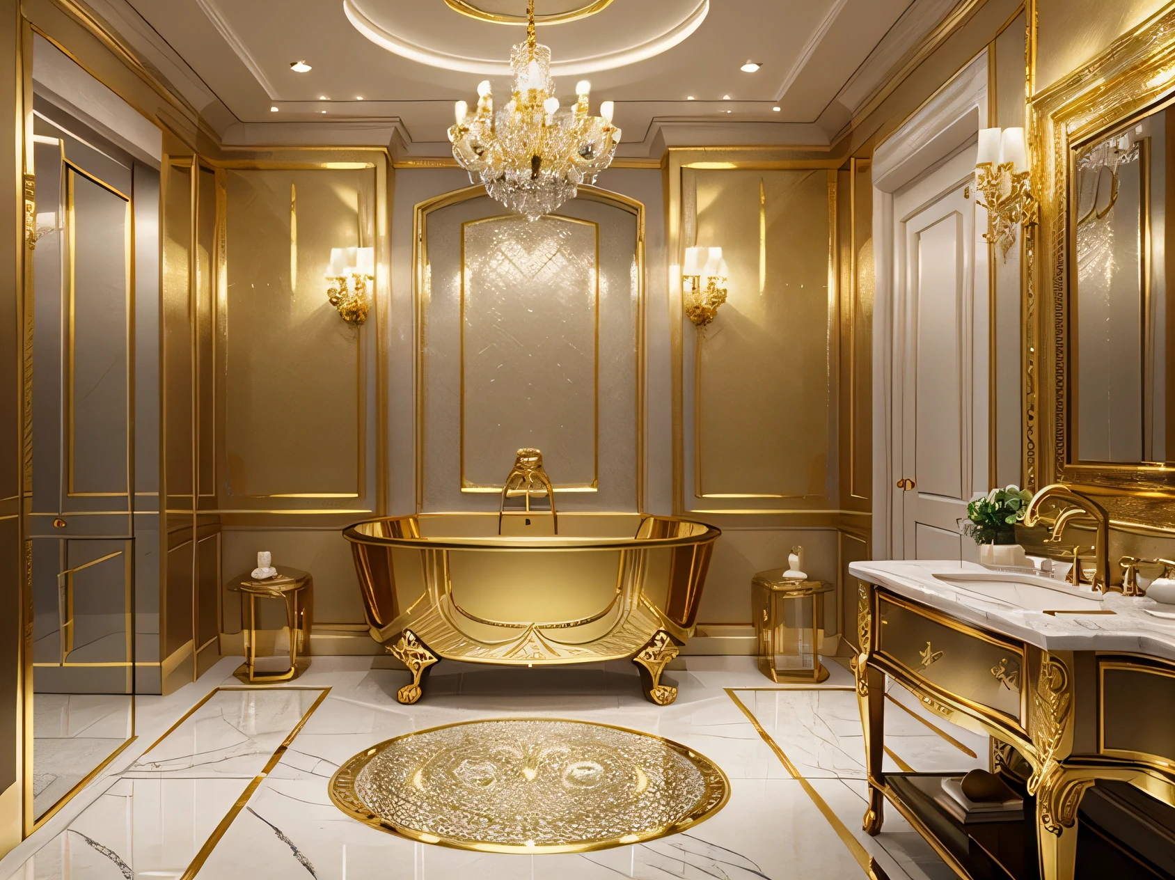 A luxurious bath room, opulent background with rich textures and colors, gold or silver accents, and a sense of exclusivity, fitting for high-end luxury products.