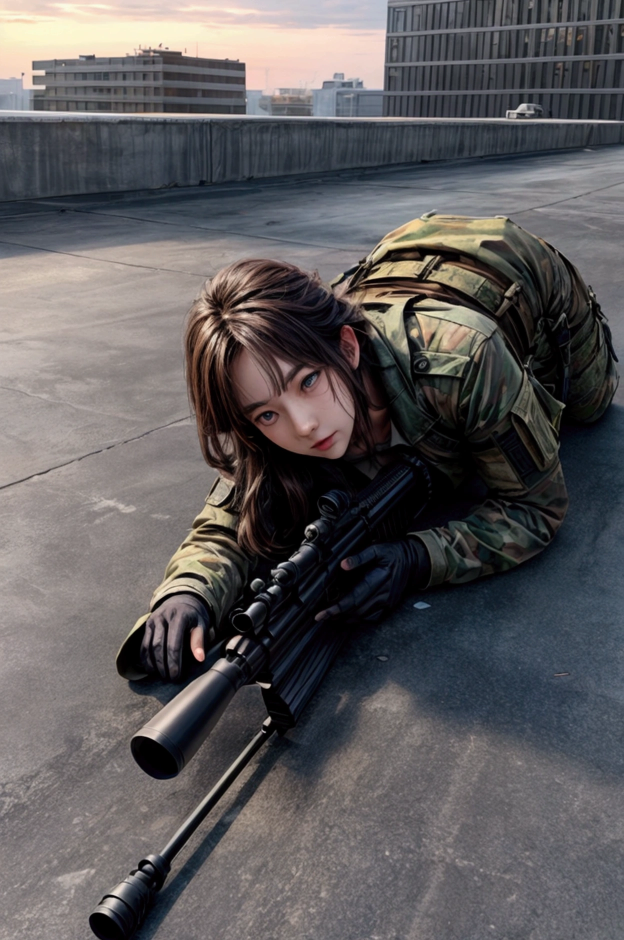 masterpiece,Highest quality,8k,High resolution,Raw photo,Professional,
Physically Based Rendering,Thin contours,Medium Shot,
Building district,A sniper shoots at a target on the roof of another building,
Still no target,He hides in a corner of the rooftop with his rifle at the ready.,
(Lying face down),