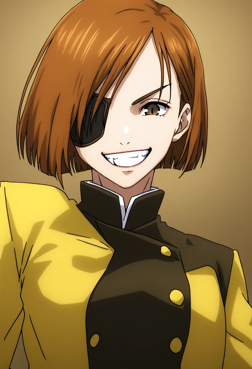 Two heads, conjoined, black eye patch, Nobara, 1girl,solo,looking at viewer,smile,short hair,bangs,brown hair,brown eyes,,jacket, half-body,teeth,grin,swept bang,gakuran,nail,kugisaki nobara 