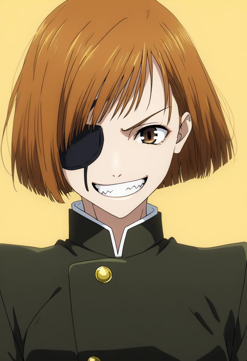 Two heads, conjoined, black eye patch, Nobara, 1girl,solo,looking at viewer,smile,short hair,bangs,brown hair,brown eyes,,jacket, half-body,teeth,grin,swept bang,gakuran,nail,kugisaki nobara